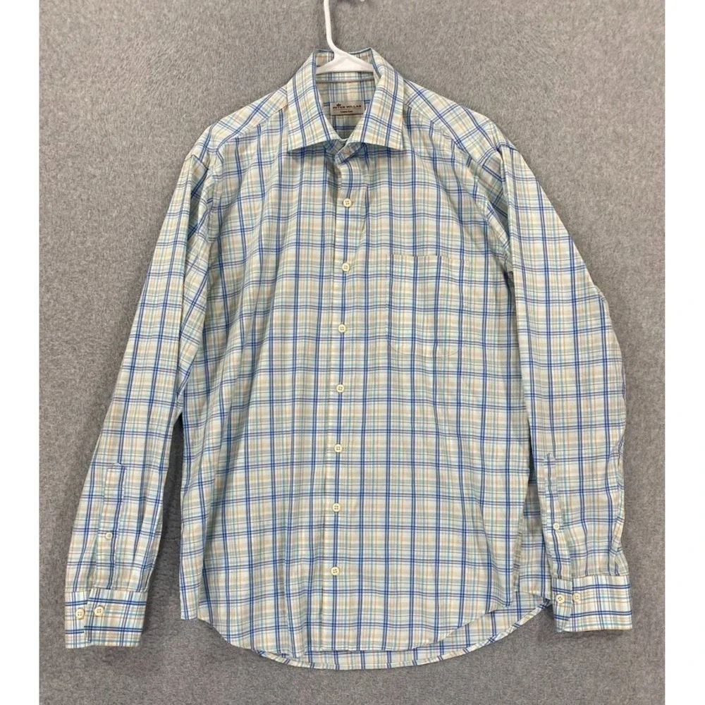 Peter Millar Crown Comfort Mens LARGE‎ Blue Plaid Button Down Shirt Long Sleeve
